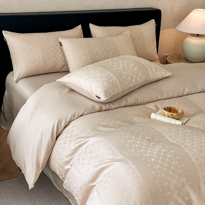 91家纺网 家纺一手货源 找家纺 米彩家纺 2026新款A类水洗真丝天丝亮丝提花四件套 浮生若梦香槟