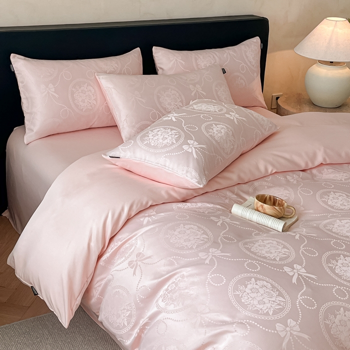 91家纺网 家纺一手货源 找家纺 米彩家纺 2026新款A类水洗真丝天丝亮丝提花四件套 秘境粉玉