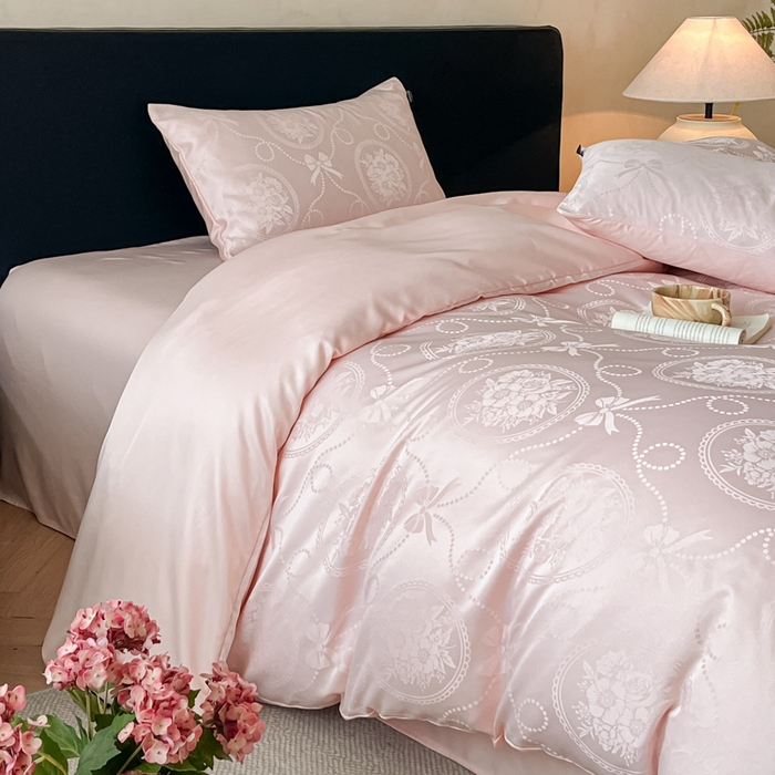 91家纺网 家纺一手货源 找家纺 米彩家纺 2026新款A类水洗真丝天丝亮丝提花四件套 秘境粉玉