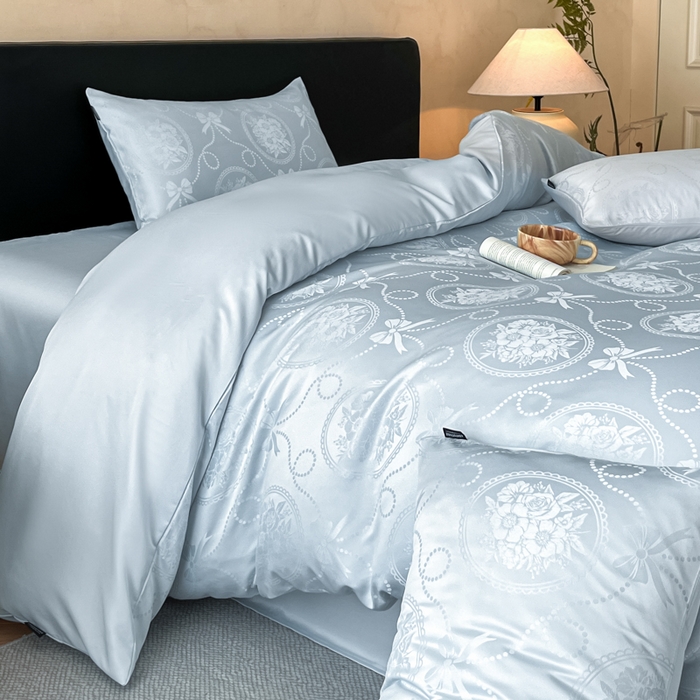 91家纺网 家纺一手货源 找家纺 米彩家纺 2026新款A类水洗真丝天丝亮丝提花四件套 秘境水兰