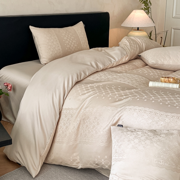 91家纺网 家纺一手货源 找家纺 米彩家纺 2026新款A类水洗真丝天丝亮丝提花四件套 浮生若梦香槟