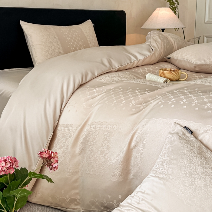 91家纺网 家纺一手货源 找家纺 米彩家纺 2026新款A类水洗真丝天丝亮丝提花四件套 浮生若梦香槟