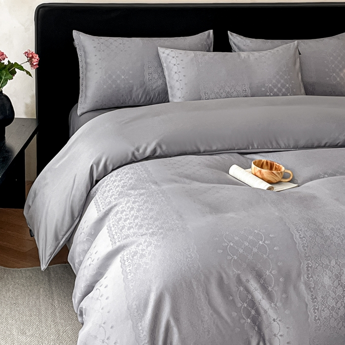 91家纺网 家纺一手货源 找家纺 米彩家纺 2026新款A类水洗真丝天丝亮丝提花四件套 浮生若梦浅灰