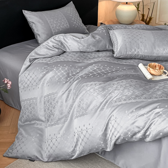 91家纺网 家纺一手货源 找家纺 米彩家纺 2026新款A类水洗真丝天丝亮丝提花四件套 浮生若梦浅灰