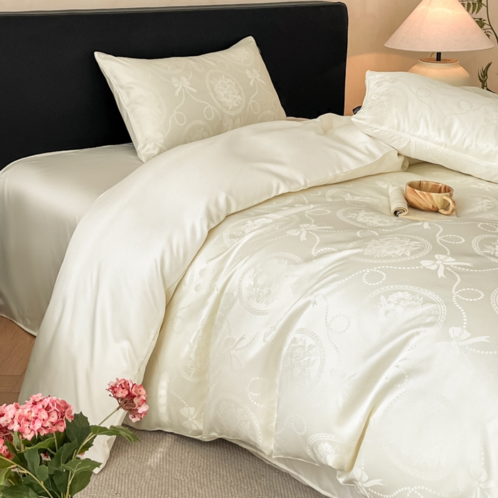 91家纺网 家纺一手货源 找家纺 米彩家纺 2026新款A类水洗真丝天丝亮丝提花四件套 秘境奶昔白