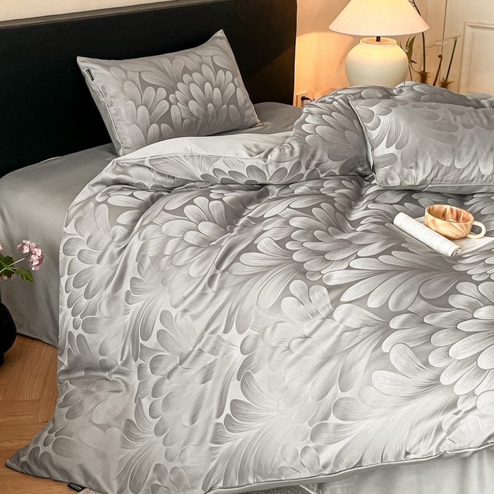 91家纺网 家纺一手货源 找家纺 米彩家纺 2026新款A类水洗真丝天丝亮丝提花四件套 叶影灰