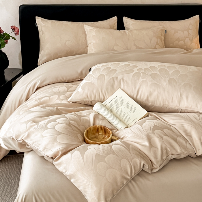 91家纺网 家纺一手货源 找家纺 米彩家纺 2026新款A类水洗真丝天丝亮丝提花四件套 叶影香槟