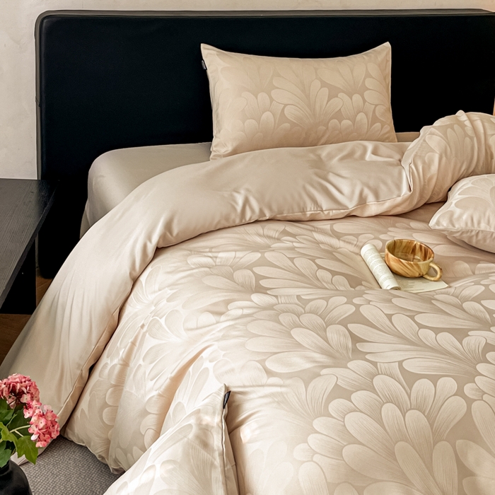 91家纺网 家纺一手货源 找家纺 米彩家纺 2026新款A类水洗真丝天丝亮丝提花四件套 叶影香槟