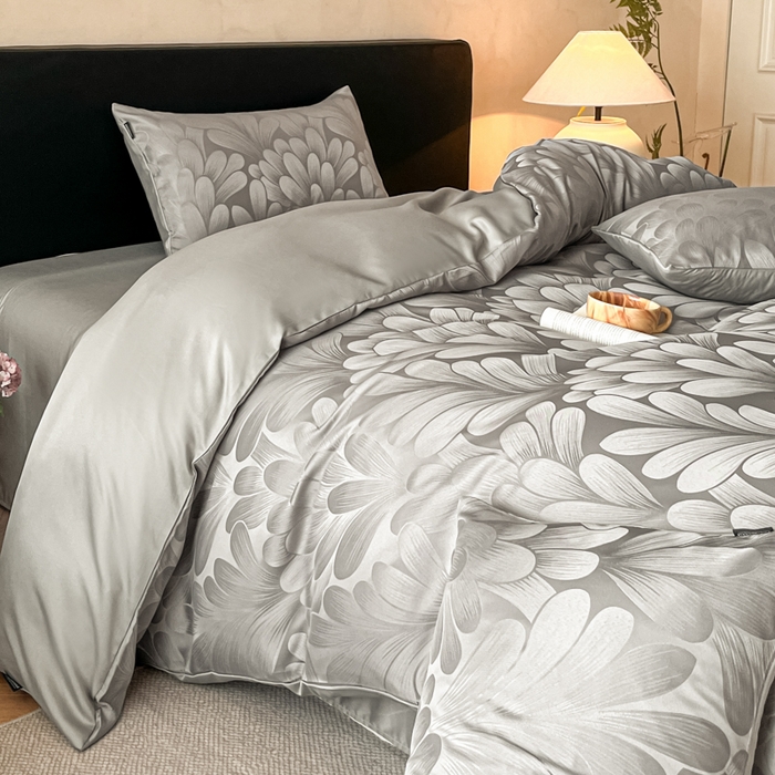 91家纺网 家纺一手货源 找家纺 米彩家纺 2026新款A类水洗真丝天丝亮丝提花四件套 叶影灰