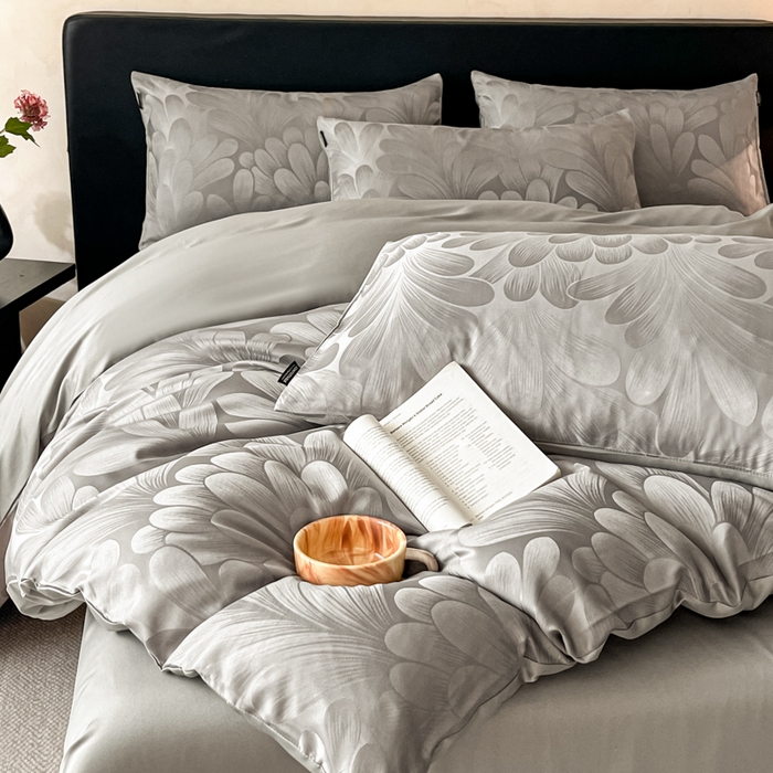 91家纺网 家纺一手货源 找家纺 米彩家纺 2026新款A类水洗真丝天丝亮丝提花四件套 叶影灰