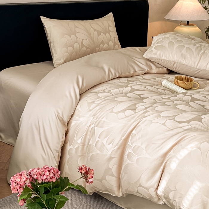 91家纺网 家纺一手货源 找家纺 米彩家纺 2026新款A类水洗真丝天丝亮丝提花四件套 叶影香槟