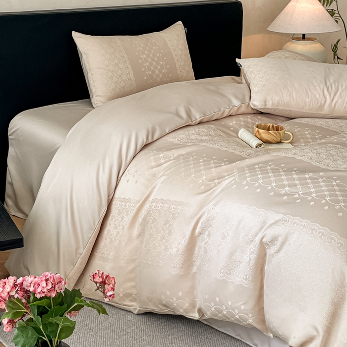 91家纺网 家纺一手货源 找家纺 米彩家纺 2026新款A类水洗真丝天丝亮丝提花四件套 浮生若梦香槟