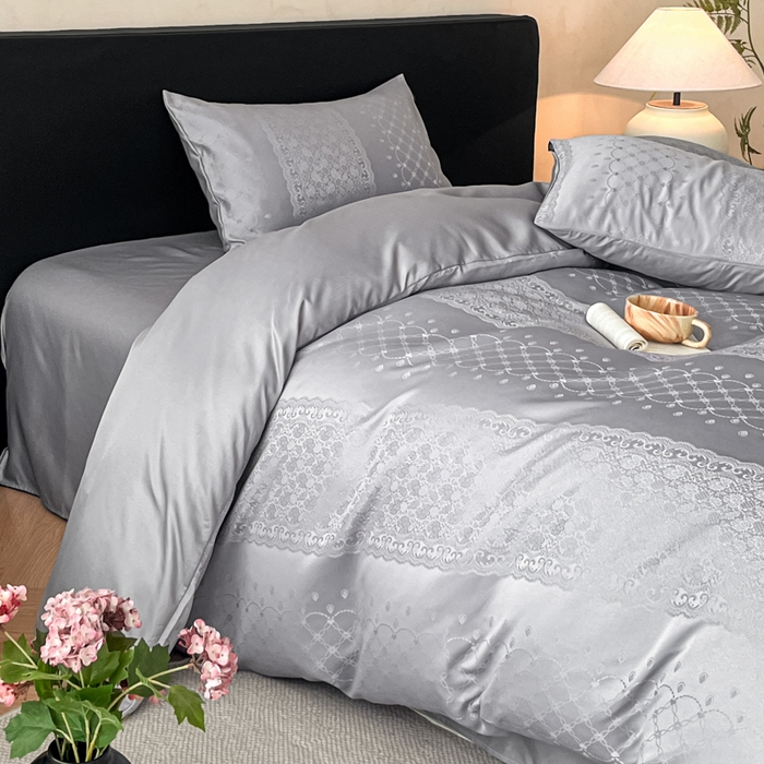 91家纺网 家纺一手货源 找家纺 米彩家纺 2026新款A类水洗真丝天丝亮丝提花四件套 浮生若梦浅灰