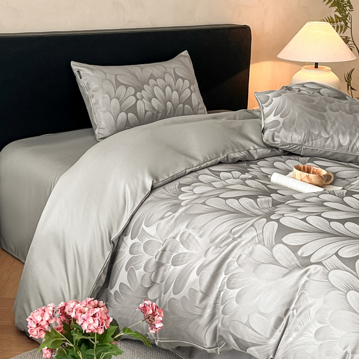 91家纺网 家纺一手货源 找家纺 米彩家纺 2026新款A类水洗真丝天丝亮丝提花四件套 叶影灰