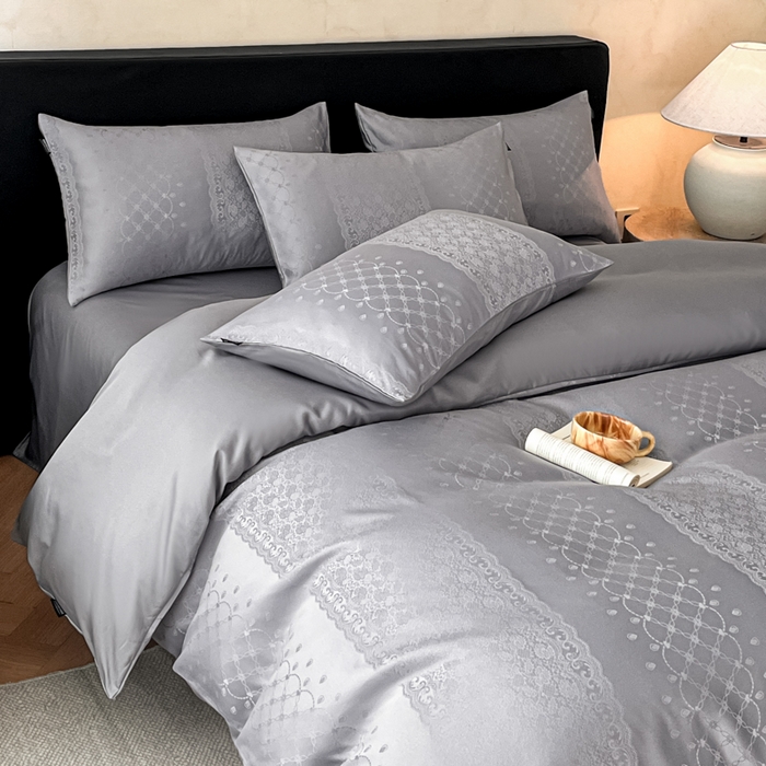 91家纺网 家纺一手货源 找家纺 米彩家纺 2026新款A类水洗真丝天丝亮丝提花四件套 浮生若梦浅灰