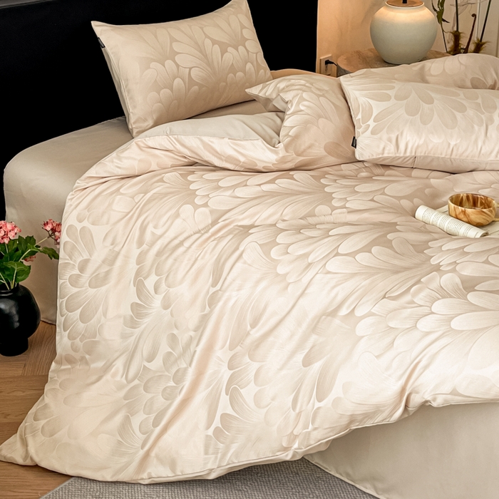 91家纺网 家纺一手货源 找家纺 米彩家纺 2026新款A类水洗真丝天丝亮丝提花四件套 叶影香槟