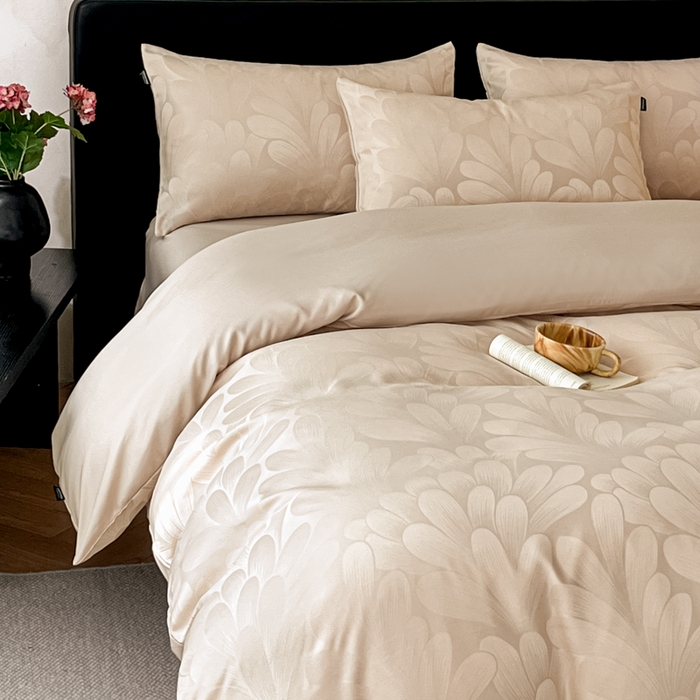 91家纺网 家纺一手货源 找家纺 米彩家纺 2026新款A类水洗真丝天丝亮丝提花四件套 叶影香槟