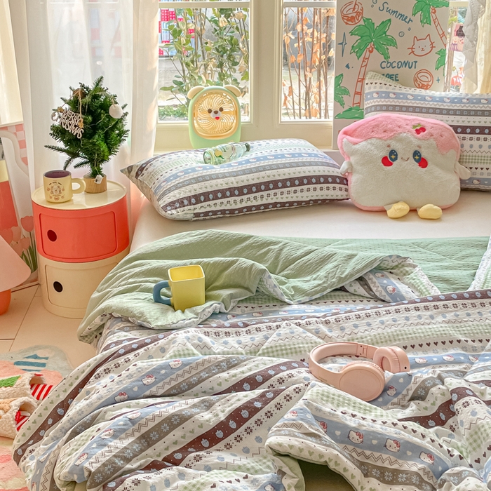 91家纺网 家纺一手货源 找家纺 老帅的工厂店 2026新款A类泡芙棉大豆夏被-费尔岛系列 雪花Kitty