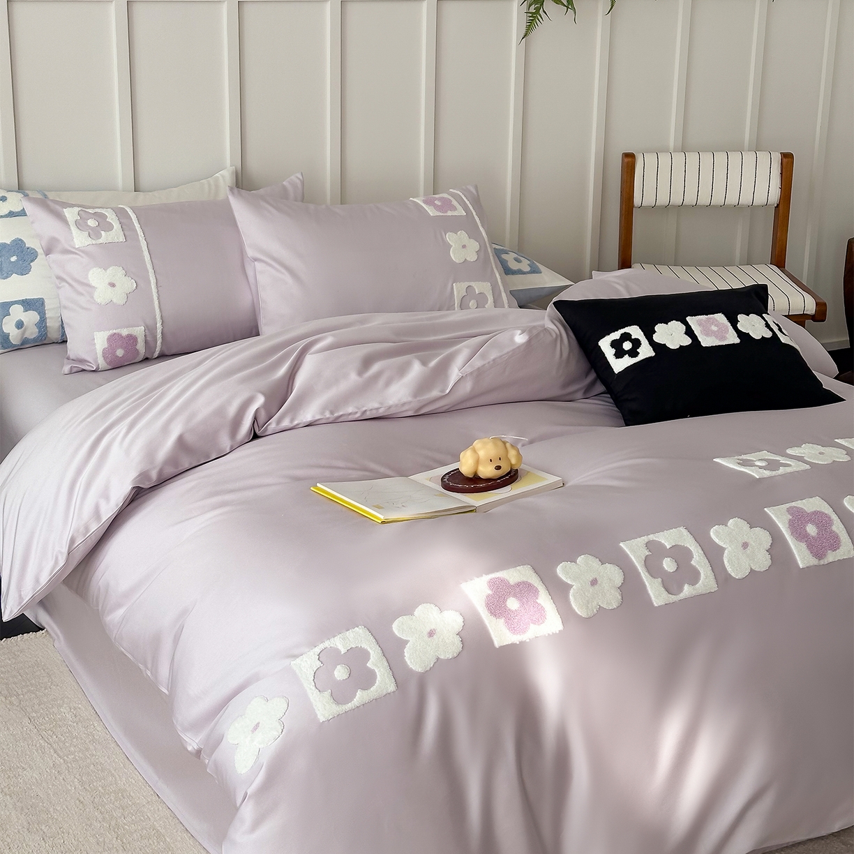 91家纺网 家纺一手货源 找家纺 极简 2026新款100S长绒棉全棉纯棉毛巾绣四件套-甜美小花 甜美小花-紫