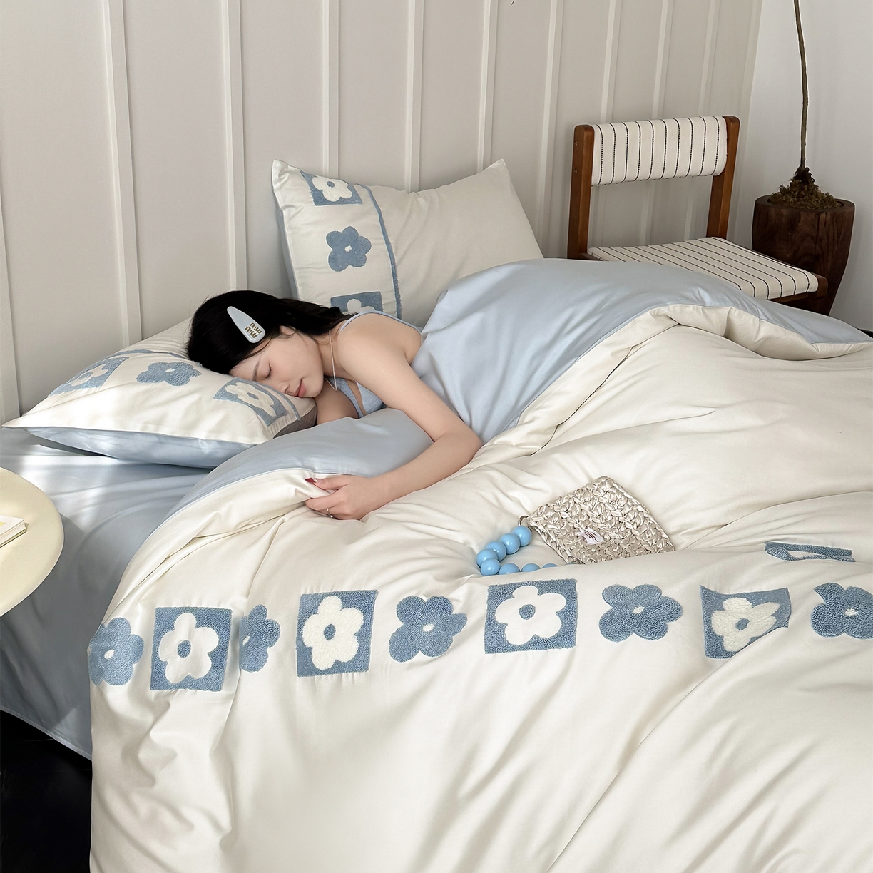 91家纺网 家纺一手货源 找家纺 极简 2026新款100S长绒棉全棉纯棉毛巾绣四件套-甜美小花 甜美小花-蓝