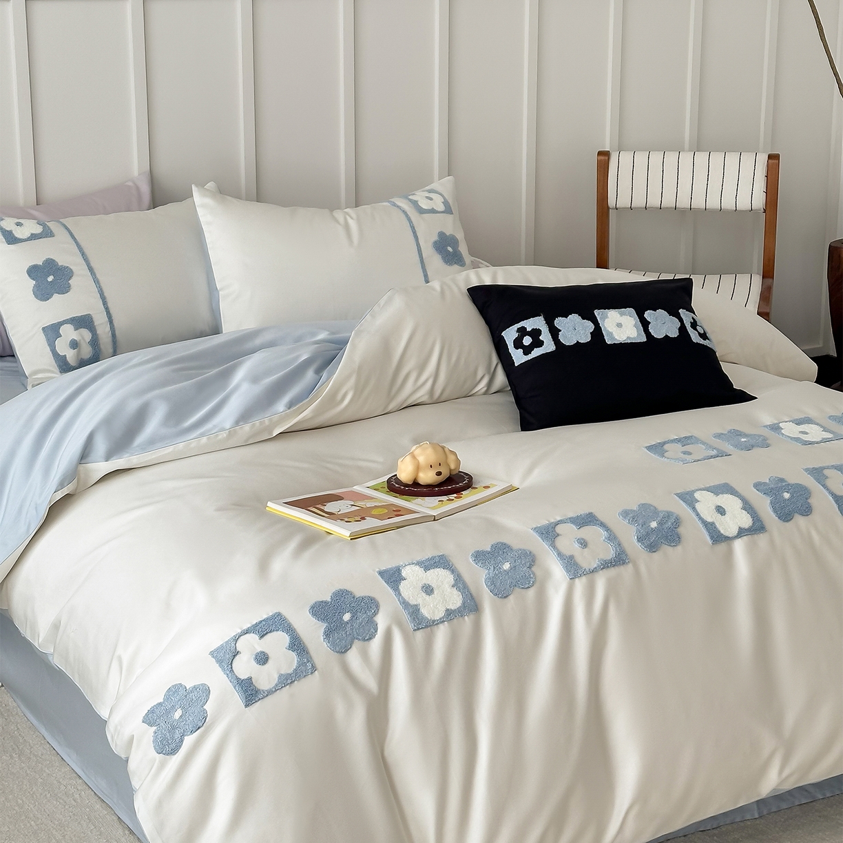 极简 2026新款100S长绒棉全棉纯棉毛巾绣四件套-甜美小花 甜美小花-蓝