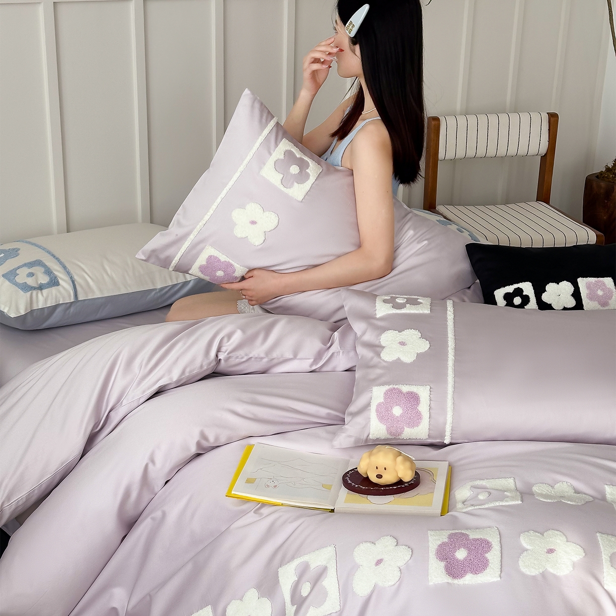 91家纺网 家纺一手货源 找家纺 极简 2026新款100S长绒棉全棉纯棉毛巾绣四件套-甜美小花 甜美小花-紫