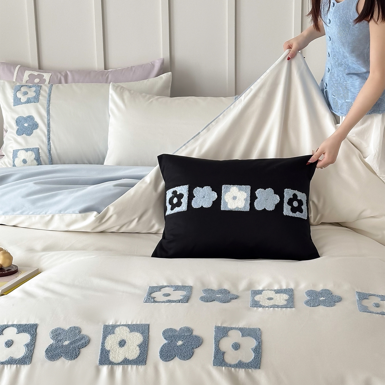 91家纺网 家纺一手货源 找家纺 极简 2026新款100S长绒棉全棉纯棉毛巾绣四件套-甜美小花 甜美小花-蓝