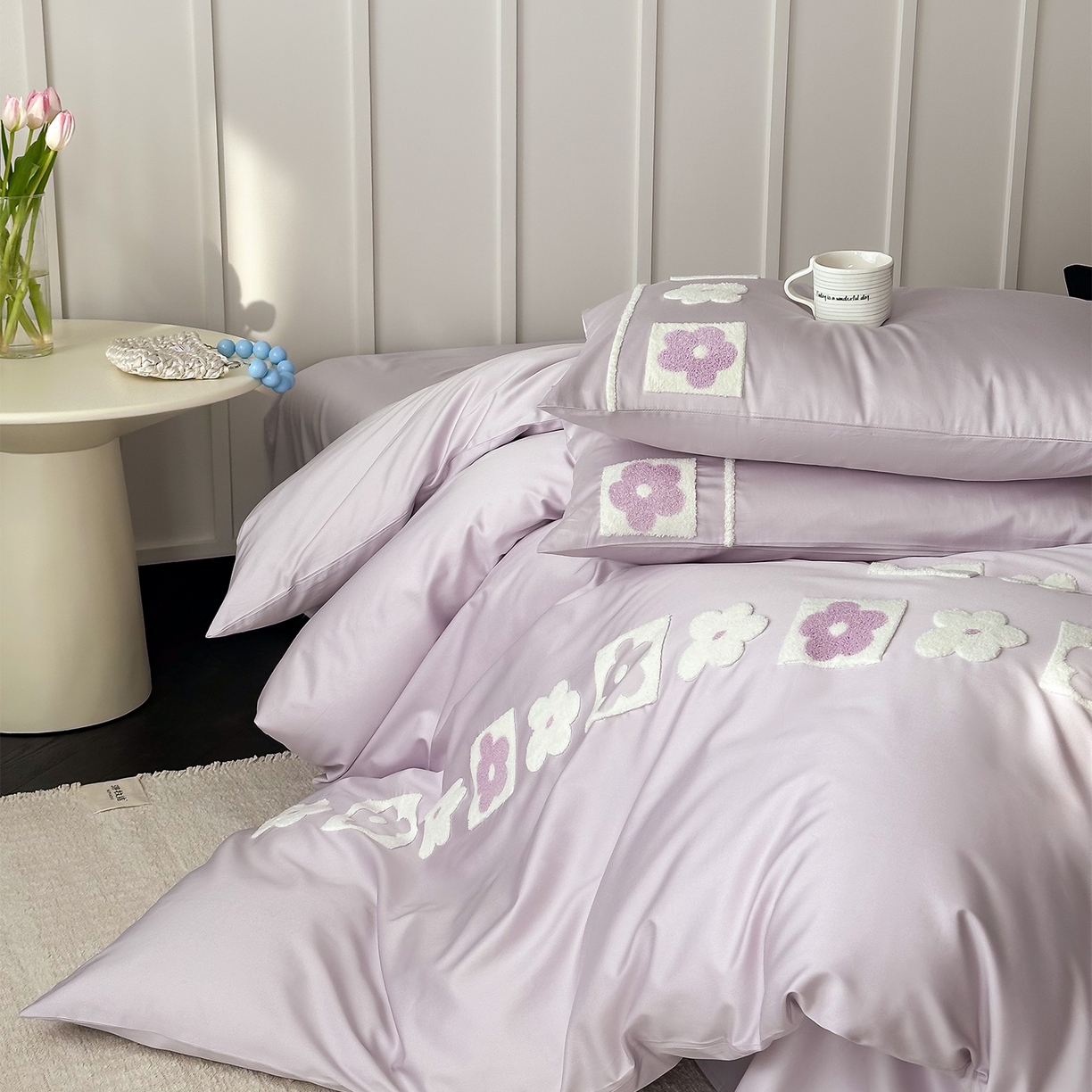 91家纺网 家纺一手货源 找家纺 极简 2026新款100S长绒棉全棉纯棉毛巾绣四件套-甜美小花 甜美小花-紫