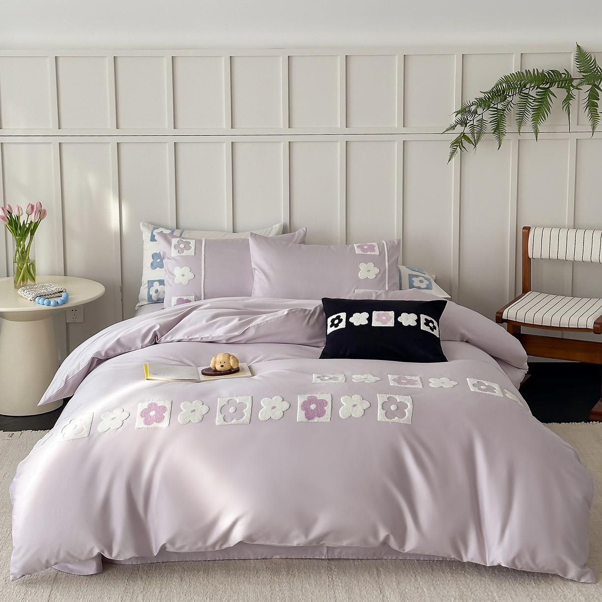 91家纺网 家纺一手货源 找家纺 极简 2026新款100S长绒棉全棉纯棉毛巾绣四件套-甜美小花 甜美小花-紫