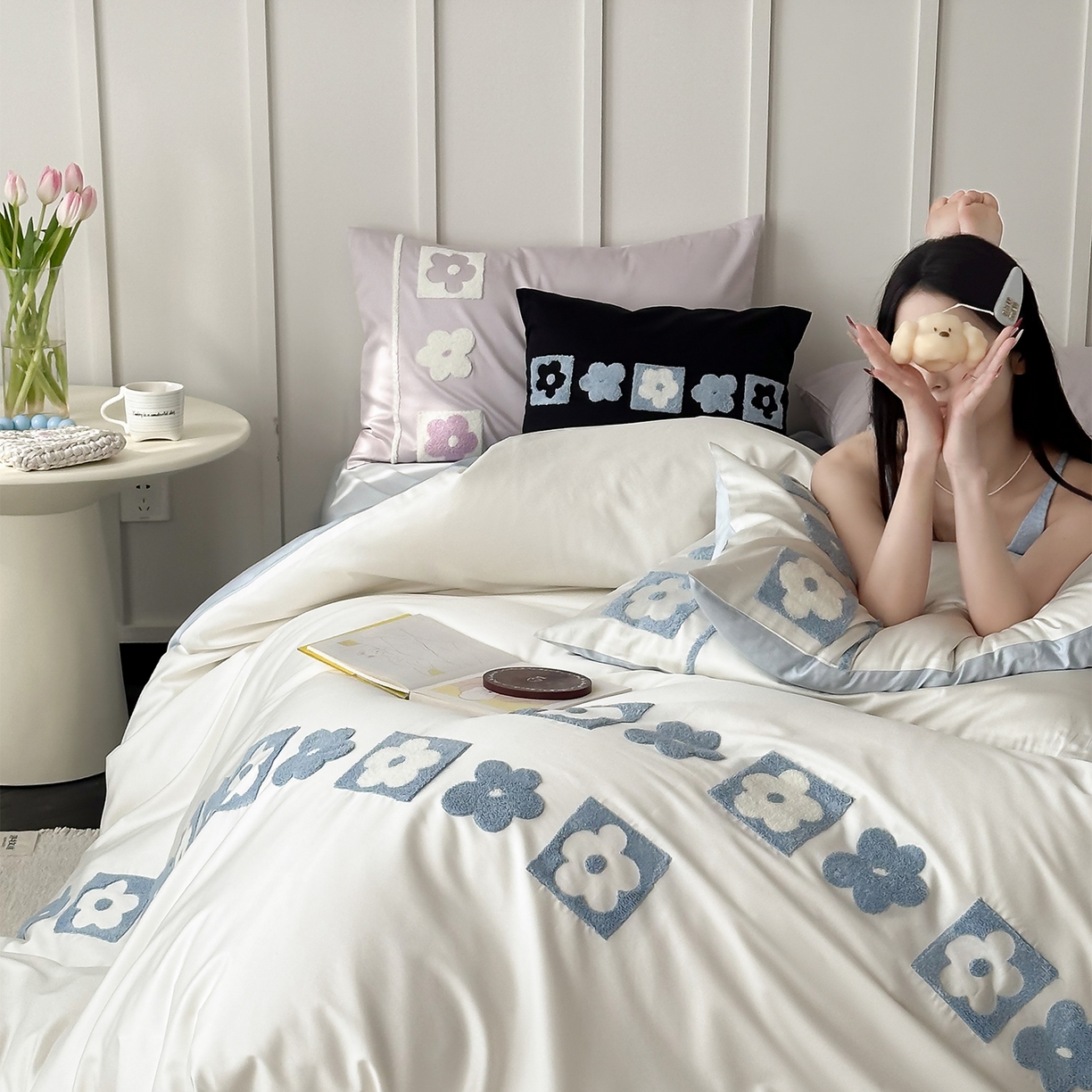 91家纺网 家纺一手货源 找家纺 极简 2026新款100S长绒棉全棉纯棉毛巾绣四件套-甜美小花 甜美小花-蓝