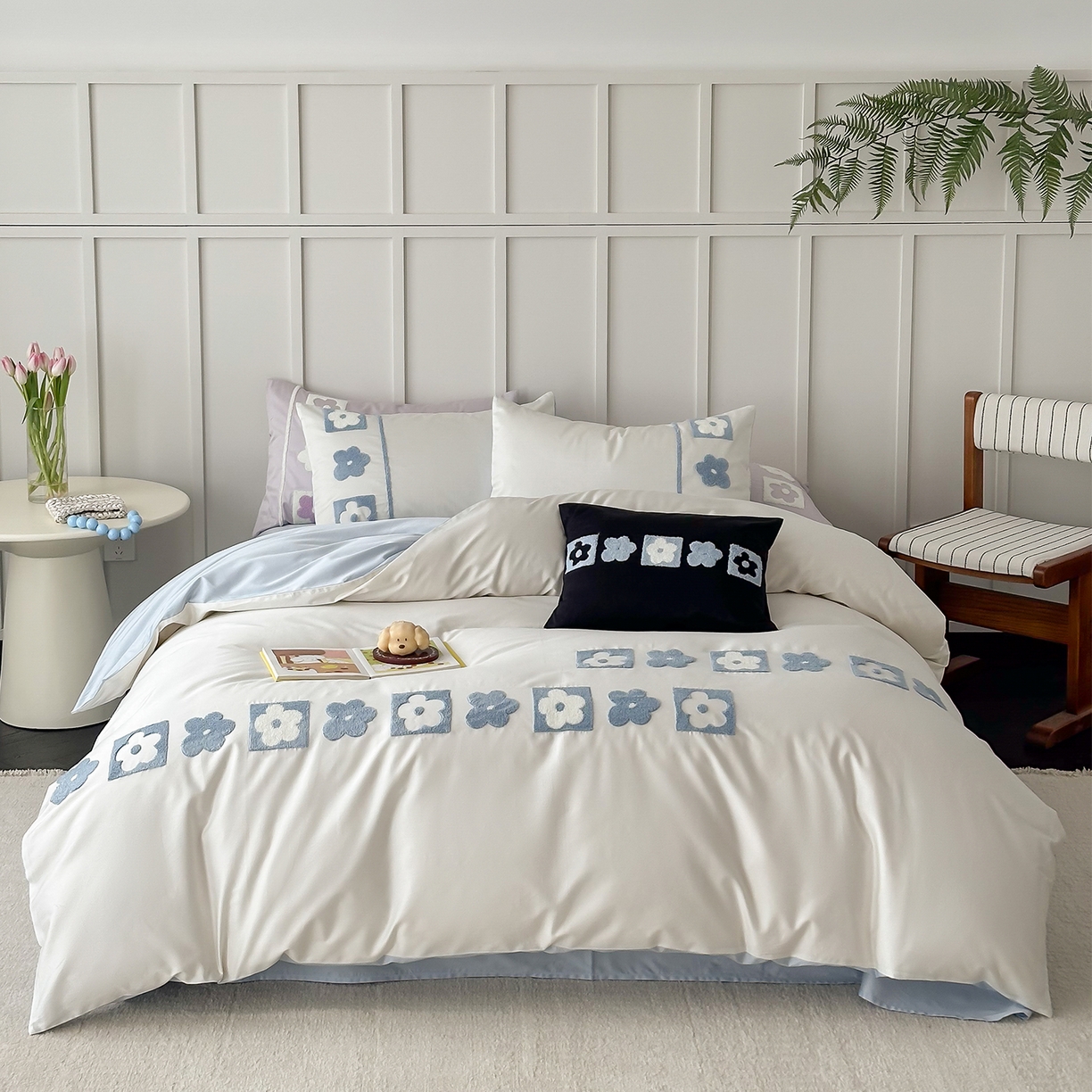 91家纺网 家纺一手货源 找家纺 极简 2026新款100S长绒棉全棉纯棉毛巾绣四件套-甜美小花 甜美小花-蓝