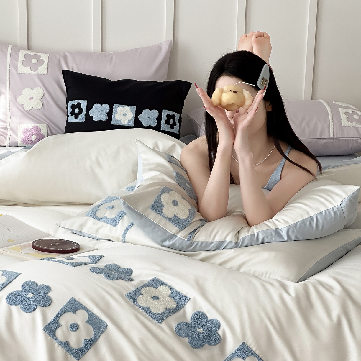 91家纺网 家纺一手货源 找家纺 极简 2026新款100S长绒棉全棉纯棉毛巾绣四件套-甜美小花 甜美小花-蓝