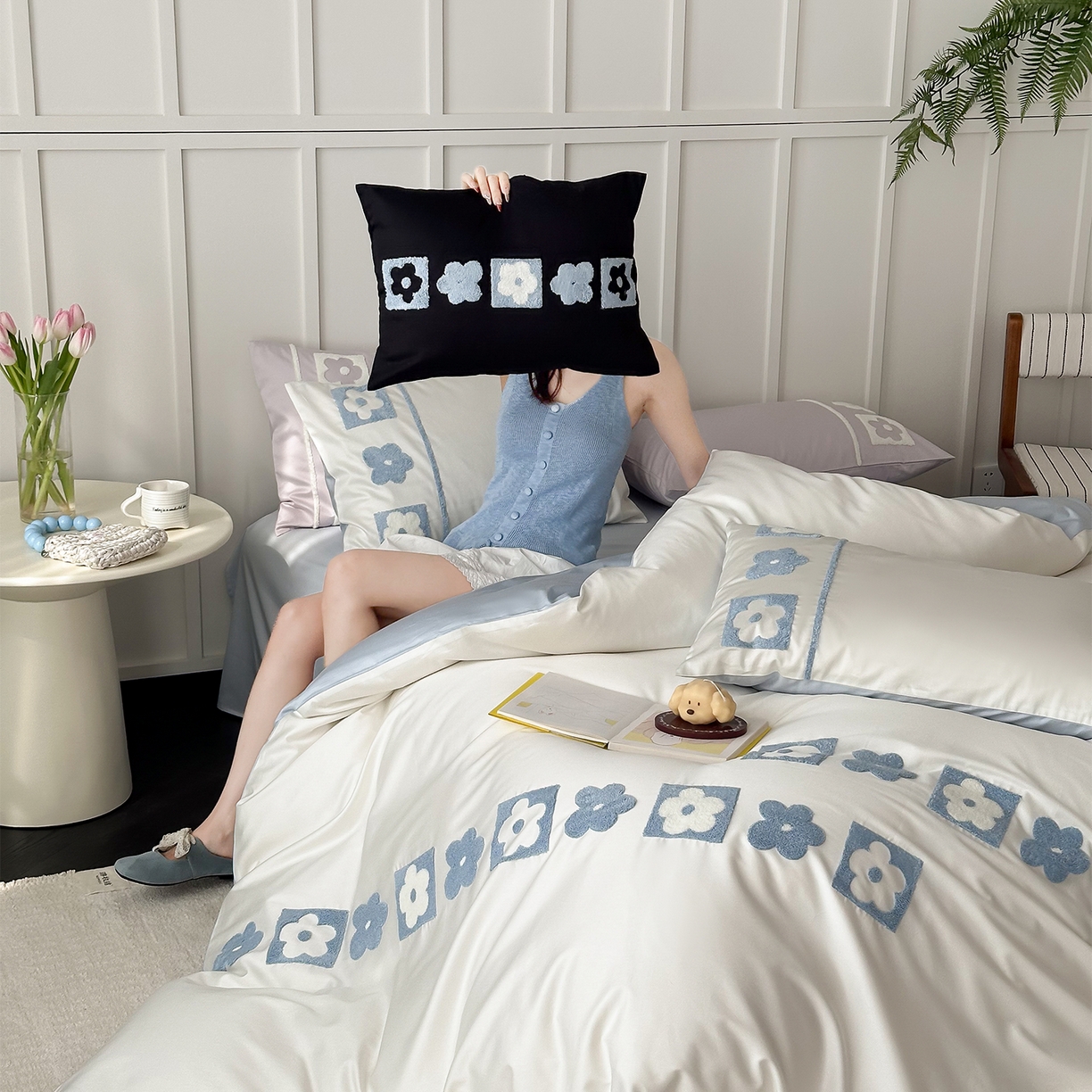 91家纺网 家纺一手货源 找家纺 极简 2026新款100S长绒棉全棉纯棉毛巾绣四件套-甜美小花 甜美小花-蓝