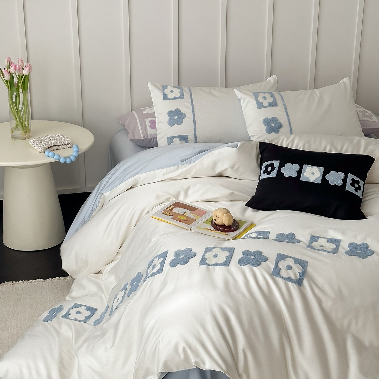 91家纺网 家纺一手货源 找家纺 极简 2026新款100S长绒棉全棉纯棉毛巾绣四件套-甜美小花 甜美小花-蓝