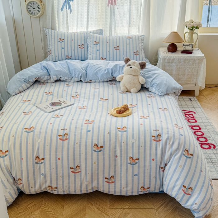 91家纺网 家纺一手货源 找家纺 温眠家纺 2026新款云感针织提花双层纱四件套 小木马