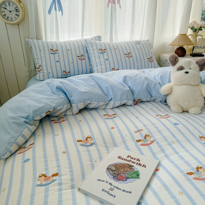 91家纺网 家纺一手货源 找家纺 温眠家纺 2026新款云感针织提花双层纱四件套 小木马