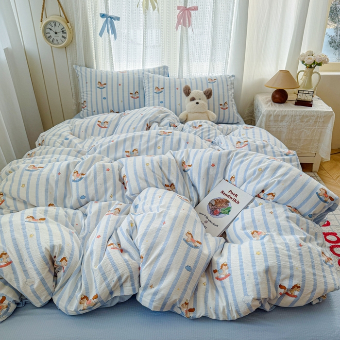 91家纺网 家纺一手货源 找家纺 温眠家纺 2026新款云感针织提花双层纱四件套 小木马