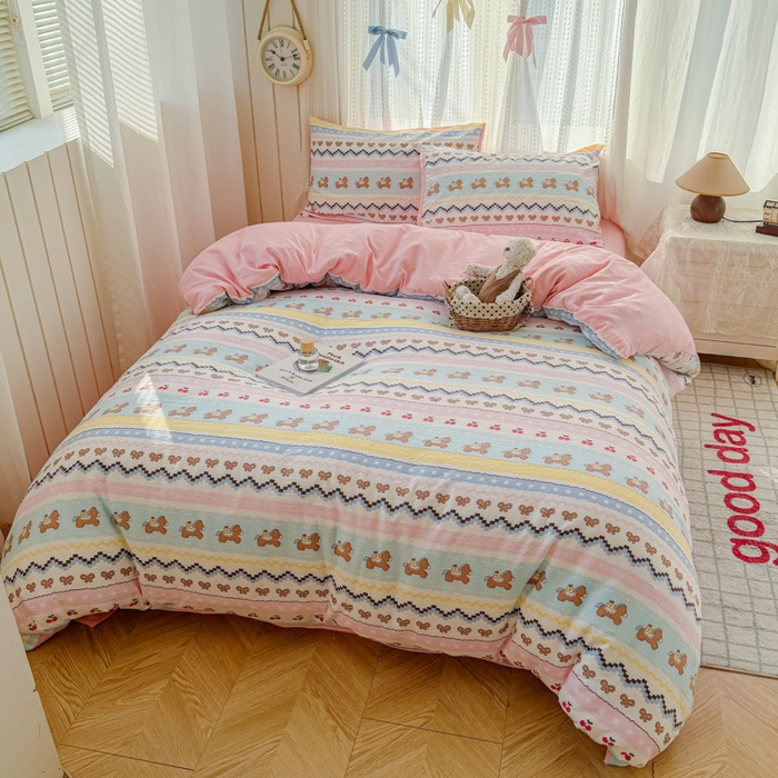 91家纺网 家纺一手货源 找家纺 温眠家纺 2026新款云感针织提花双层纱四件套 彩虹小马