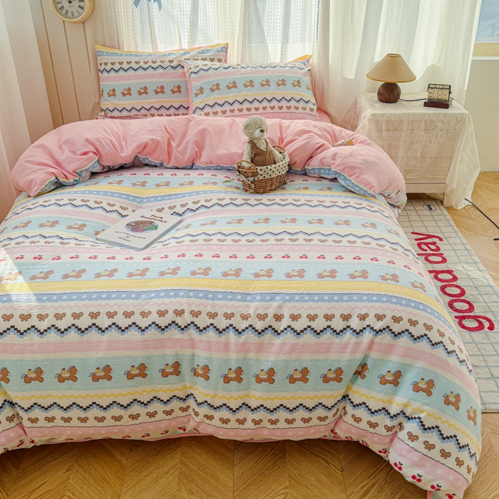 91家纺网 家纺一手货源 找家纺 温眠家纺 2026新款云感针织提花双层纱四件套 彩虹小马