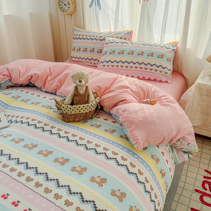 91家纺网 家纺一手货源 找家纺 温眠家纺 2026新款云感针织提花双层纱四件套 彩虹小马