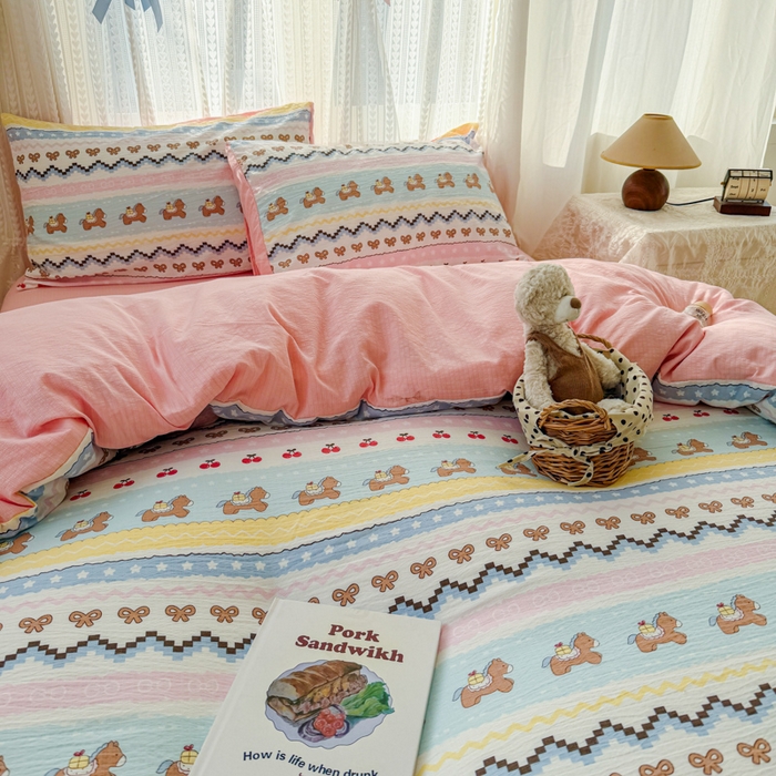 91家纺网 家纺一手货源 找家纺 温眠家纺 2026新款云感针织提花双层纱四件套 彩虹小马