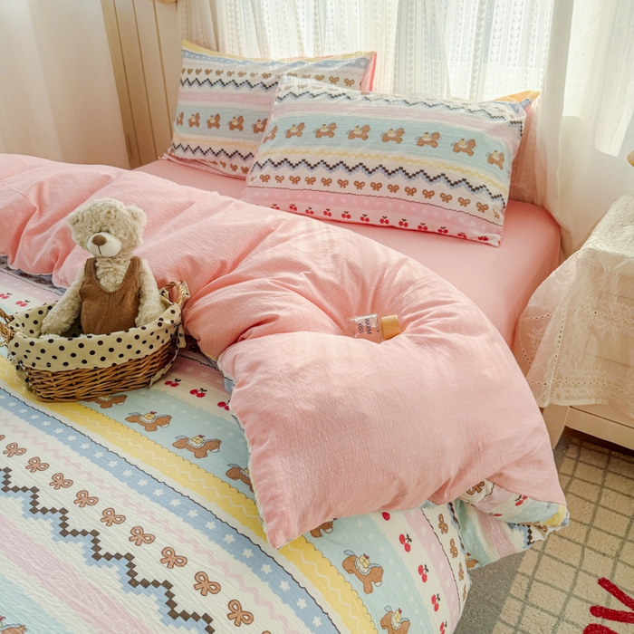 91家纺网 家纺一手货源 找家纺 温眠家纺 2026新款云感针织提花双层纱四件套 彩虹小马