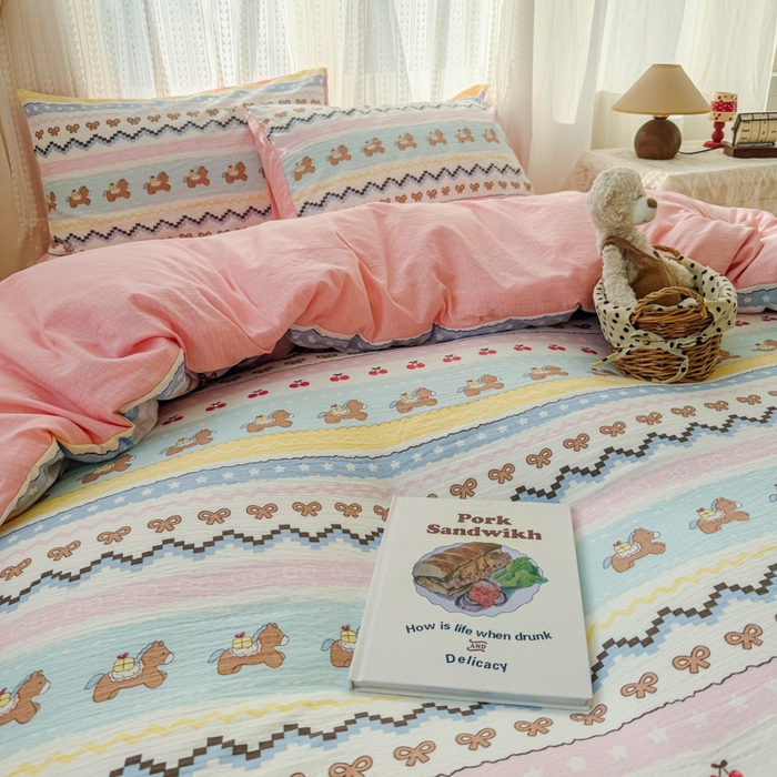 91家纺网 家纺一手货源 找家纺 温眠家纺 2026新款云感针织提花双层纱四件套 彩虹小马