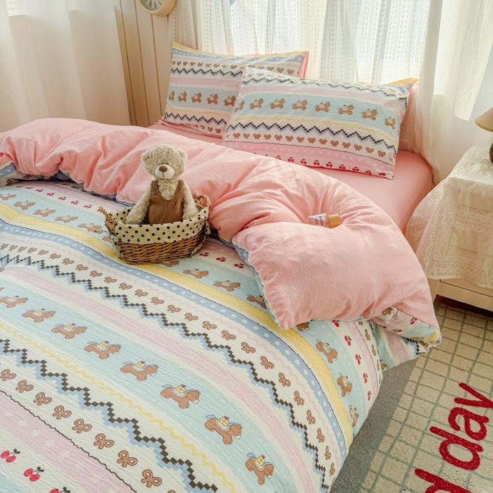 91家纺网 家纺一手货源 找家纺 温眠家纺 2026新款云感针织提花双层纱四件套 彩虹小马