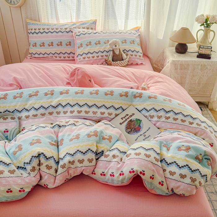 91家纺网 家纺一手货源 找家纺 温眠家纺 2026新款云感针织提花双层纱四件套 彩虹小马