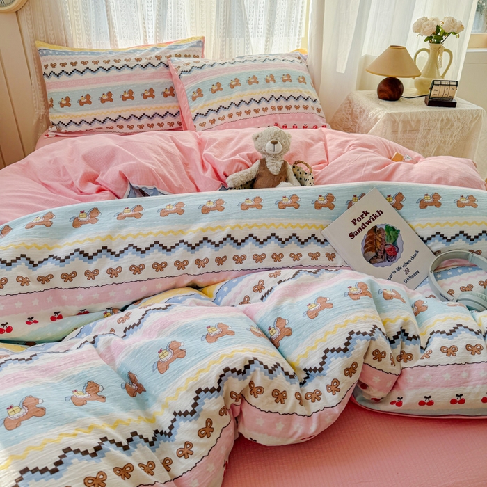 91家纺网 家纺一手货源 找家纺 温眠家纺 2026新款云感针织提花双层纱四件套 彩虹小马