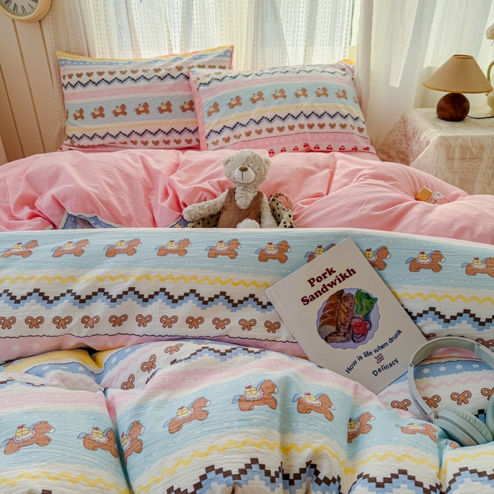 91家纺网 家纺一手货源 找家纺 温眠家纺 2026新款云感针织提花双层纱四件套 彩虹小马