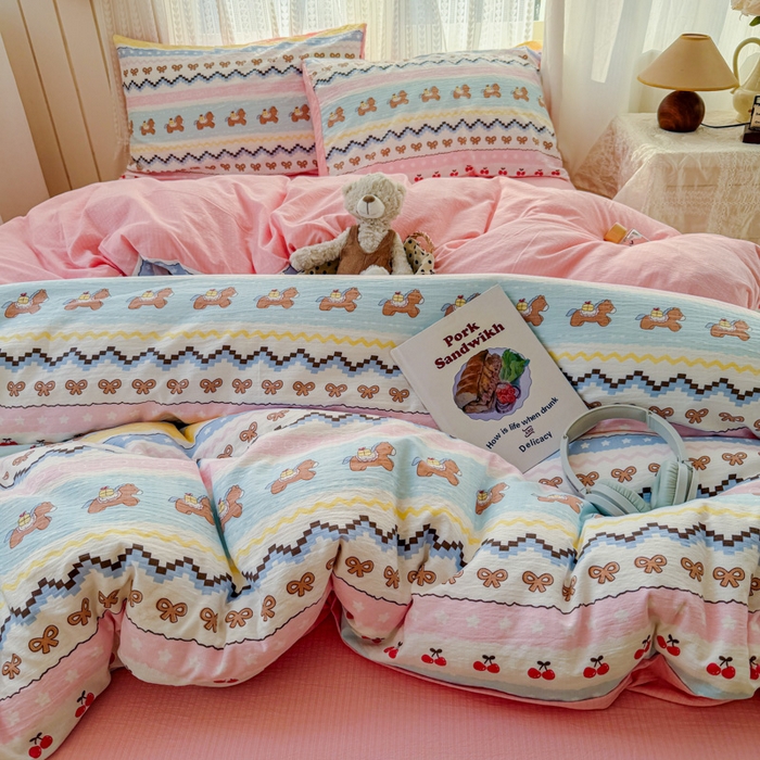 91家纺网 家纺一手货源 找家纺 温眠家纺 2026新款云感针织提花双层纱四件套 彩虹小马