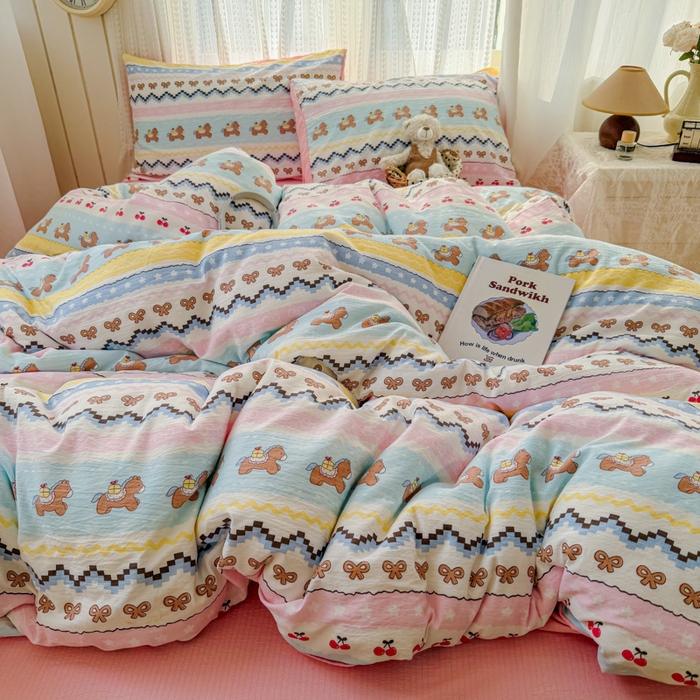 91家纺网 家纺一手货源 找家纺 温眠家纺 2026新款云感针织提花双层纱四件套 彩虹小马