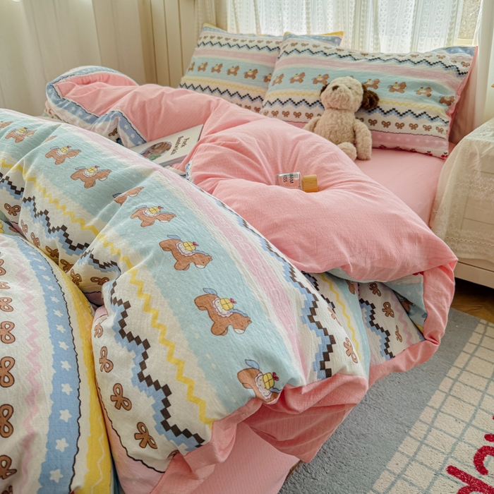 91家纺网 家纺一手货源 找家纺 温眠家纺 2026新款云感针织提花双层纱四件套 彩虹小马